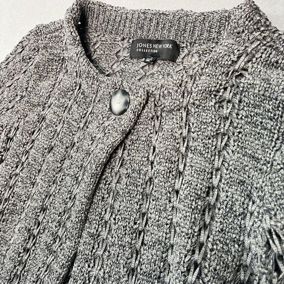 JONES NEW YORK Sweater Womens Sz Small Ribbon Open Knit One Button Cardigan Gray - Picture 2 of 6